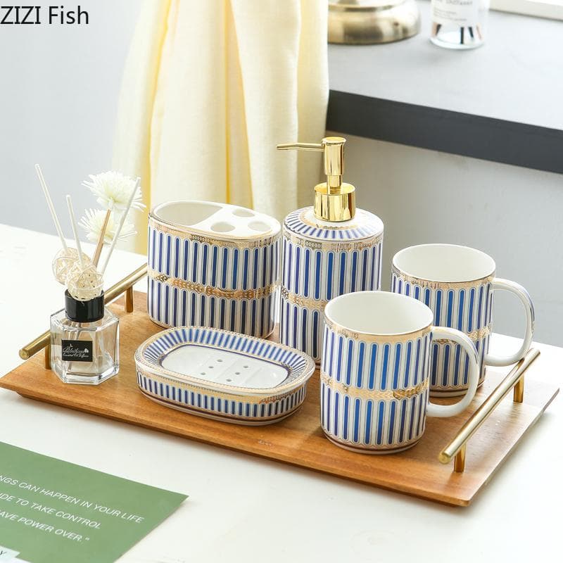 Juego de accesorios de baño de cerámica dorada a rayas, artículos de tocador con bandeja, jaboneras, vaso para cepillo de dientes, artículos de