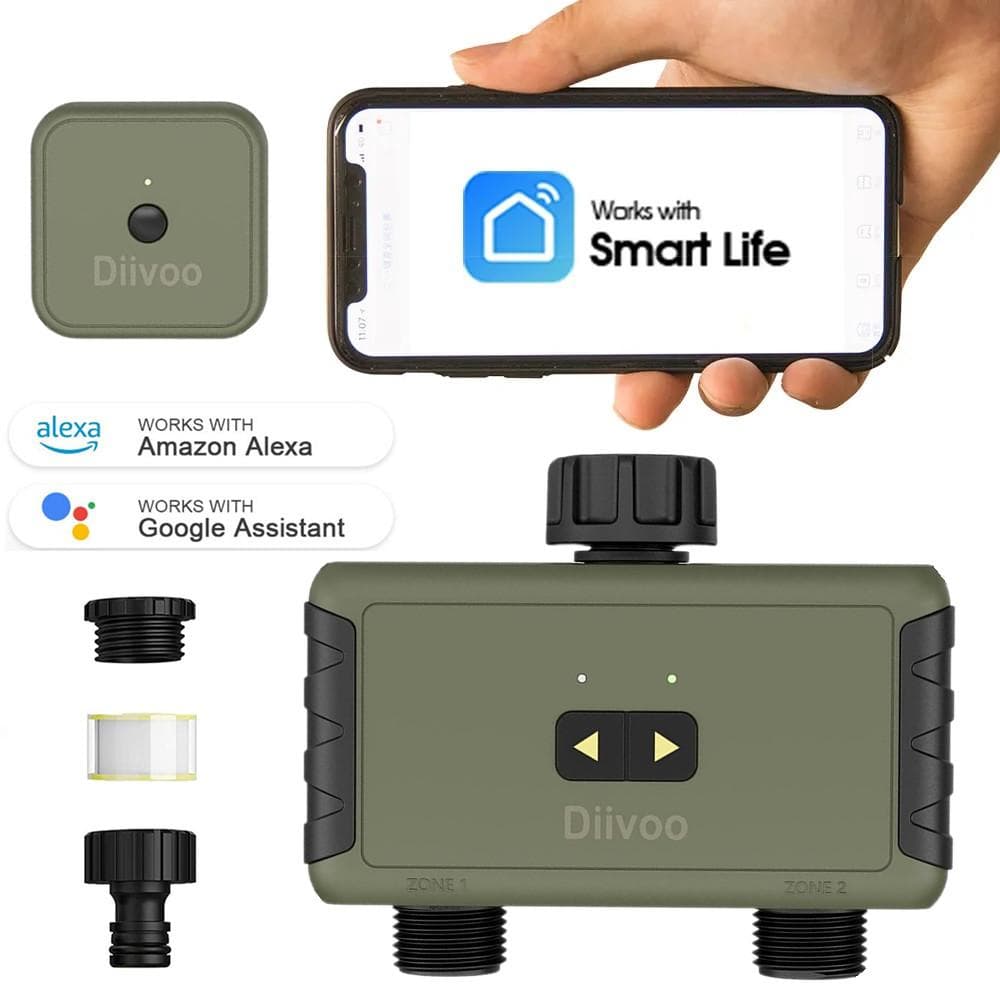 Diivoo Garden WiFi Temporizador de agua 1/2 zona, inteligente inalámbrico programable grifo manguera aspersor controlador de riego para jardín