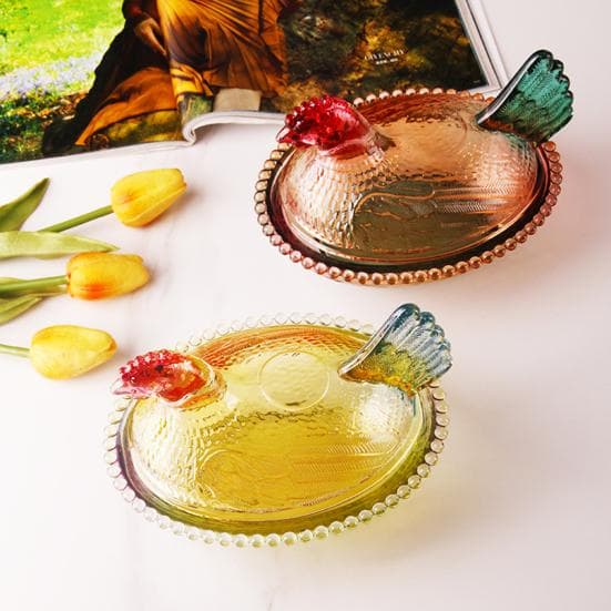 Plato de Hen de Cristal Grande con Pedestal para Snacks con Tapa en Nido Bol de Caramelos para Caramelos Galletas Frutos Secos