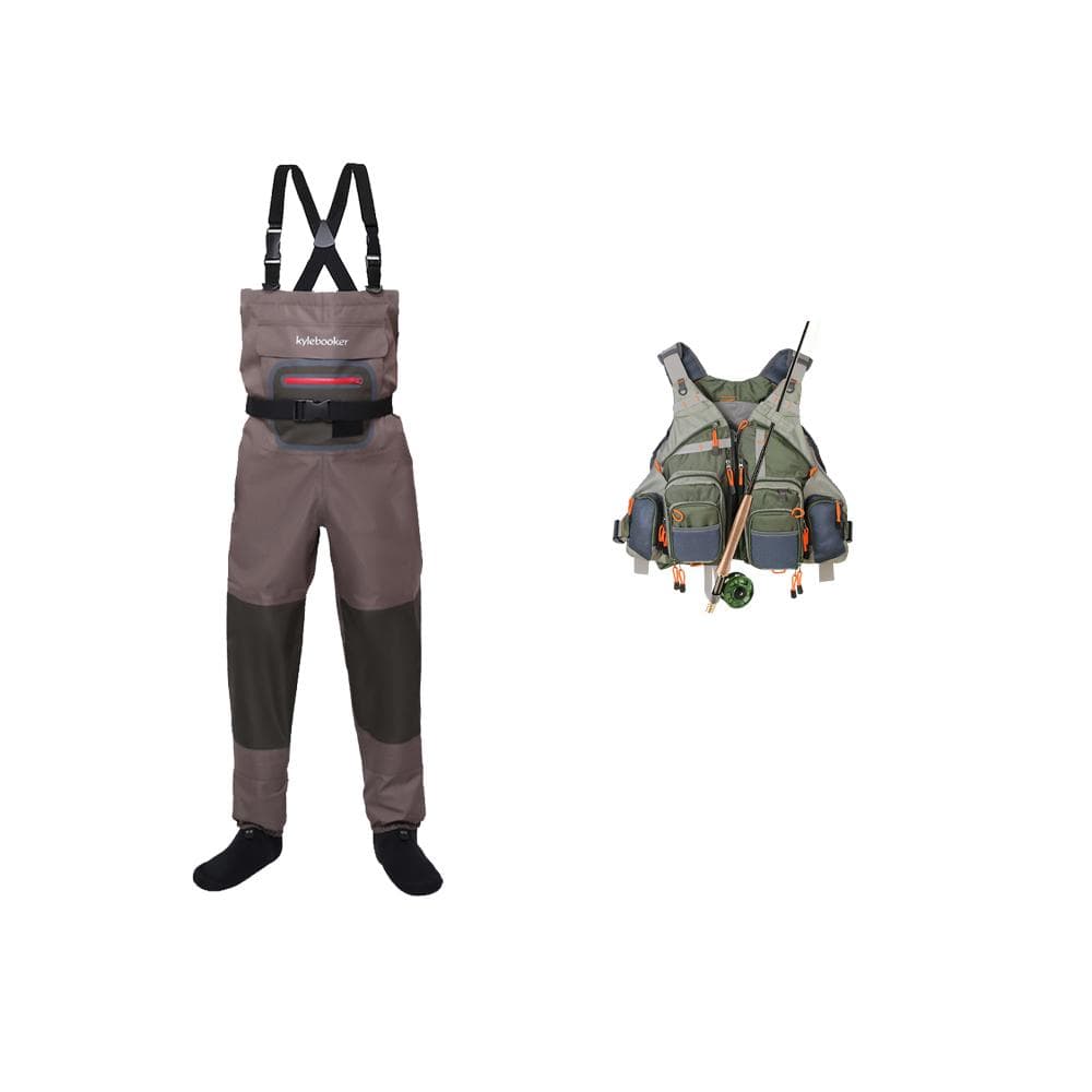 Kylebooker Kit completo de aparejos de pesca, botas de pecho, chaleco de pesca caqui