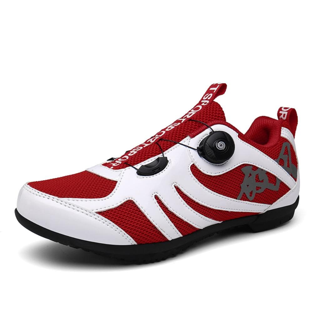 Zapatos de ciclismo con suela de goma desbloqueada y botón giratorio para hombres y mujeres, zapatos de ciclismo de tela de malla de caña baja para