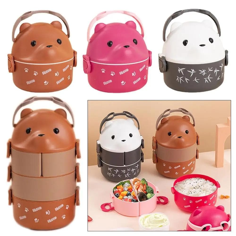Caja Bento Apilable de 2 Capas Portátil Linda Dibujos Animados Niños Lonchera Contenedor de Almacenamiento de Comida Oso Gafas Caja Bento Térmica