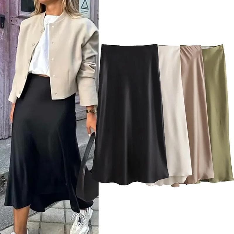 Falda de Satén Negra Mujer Cintura Alta Elegante Faldas Largas para Mujer Moda Verano Falda Midi Oficina Faldas de Mujer cm