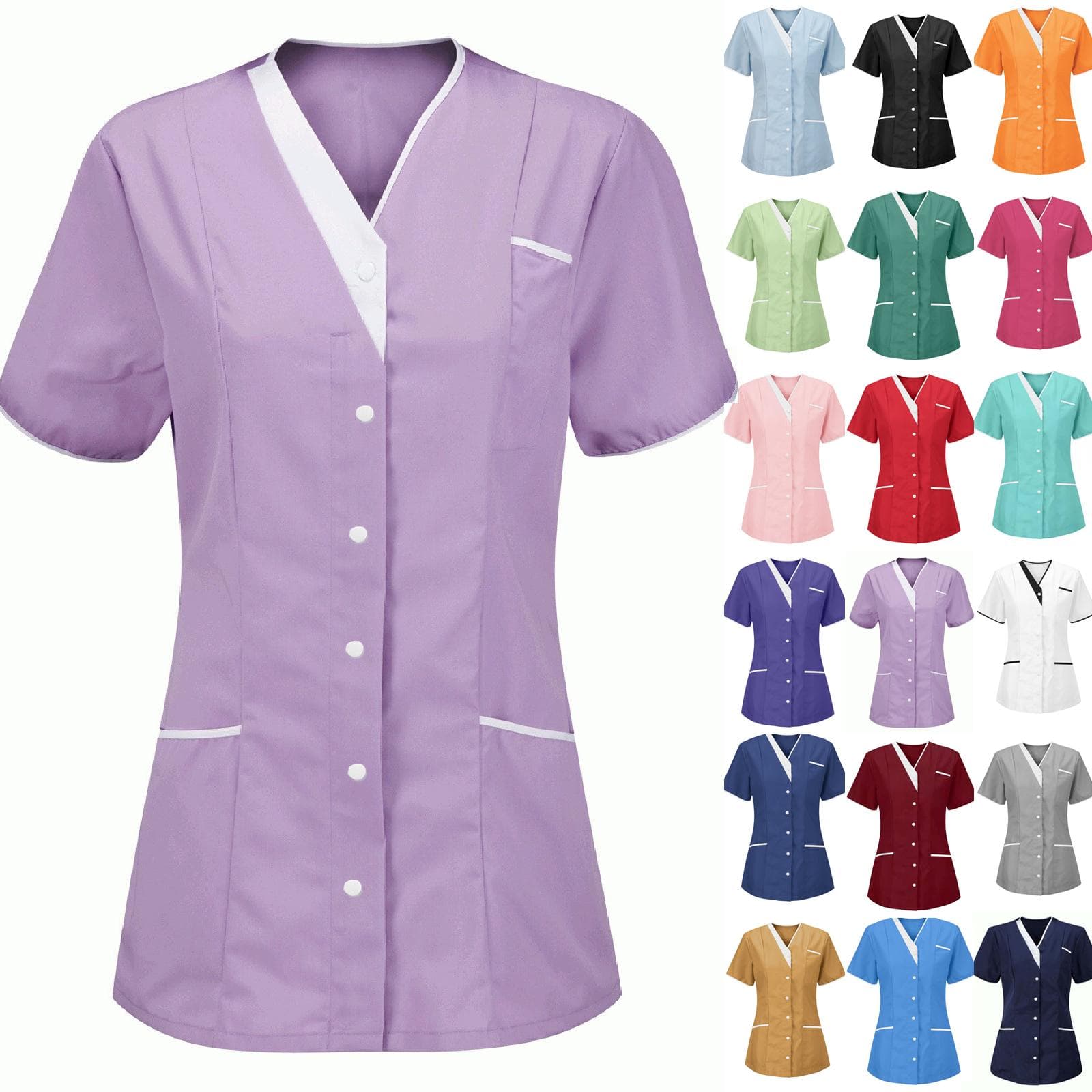 Uniforme de Mujer Tejido de Secado Rápido Color Sólido Cuello en V Manga Corta cm caqui