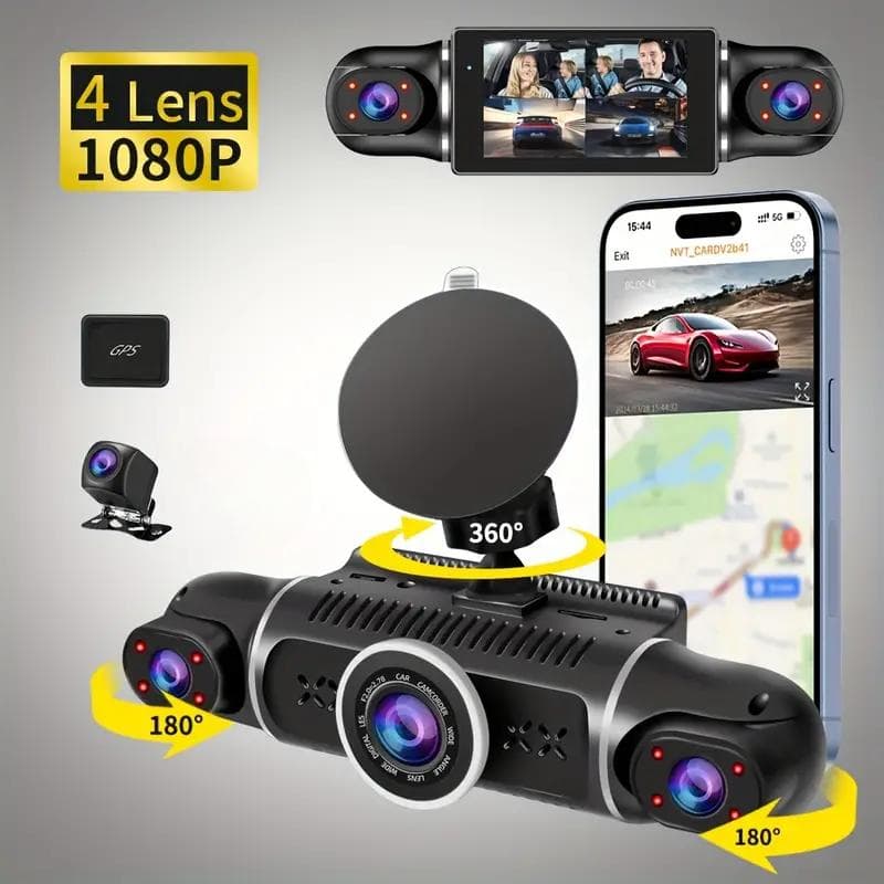 Sistema de cámara de tablero de 4 canales: cuatro cámaras HD de 1080P con Wifi, GPS, visión nocturna súper nítida, grabación en bucle y sensor G