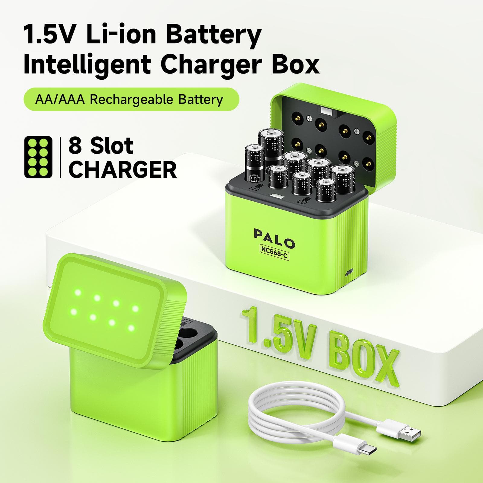 PALO 3400mWh Li-ion 1.5V Pilas AA y AAA Recargables con cargador magnético abatible de 8 canales para Pilas de Litio de 1.5V 2A 3A