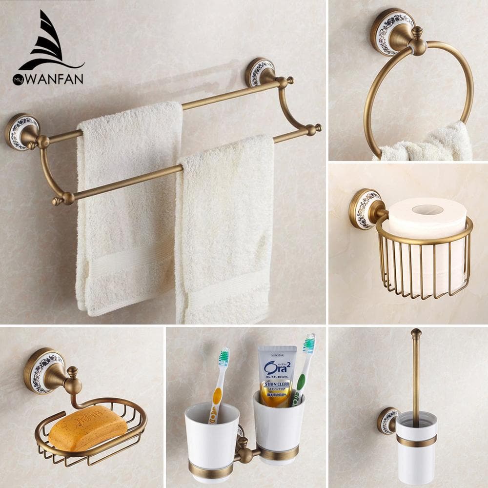 Accesorios de baño, juego de herrajes para baño, color antiguo, portarrollos de papel higiénico, toallero, porta pañuelos, portavasos, gancho para