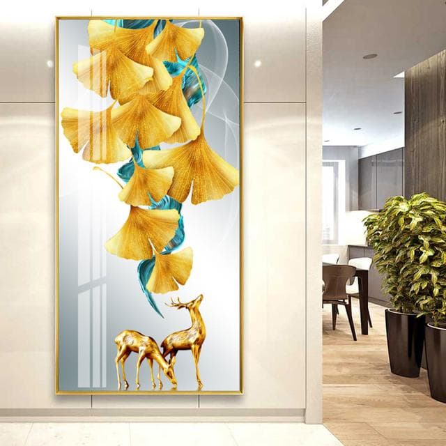 Nuevo lienzo chino de lujo de Ginkgo Biloba, pintura en lienzo con hojas coloridas, ciervo dorado, carteles de piedra Zen, impresiones para
