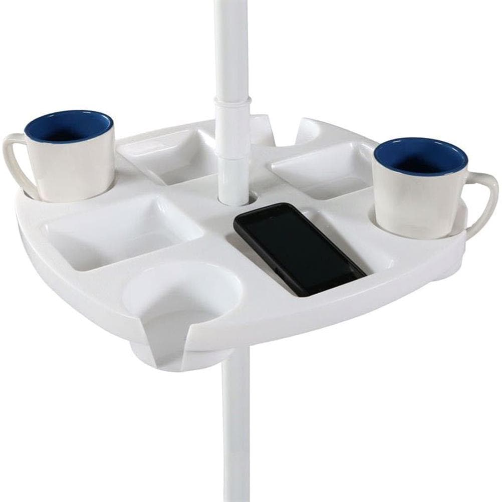 Mesa de Sombrilla de Playa para Exterior con 4 Portavasos y 4 Compartimentos para Snacks Bandeja de Plástico para Jardín blanco