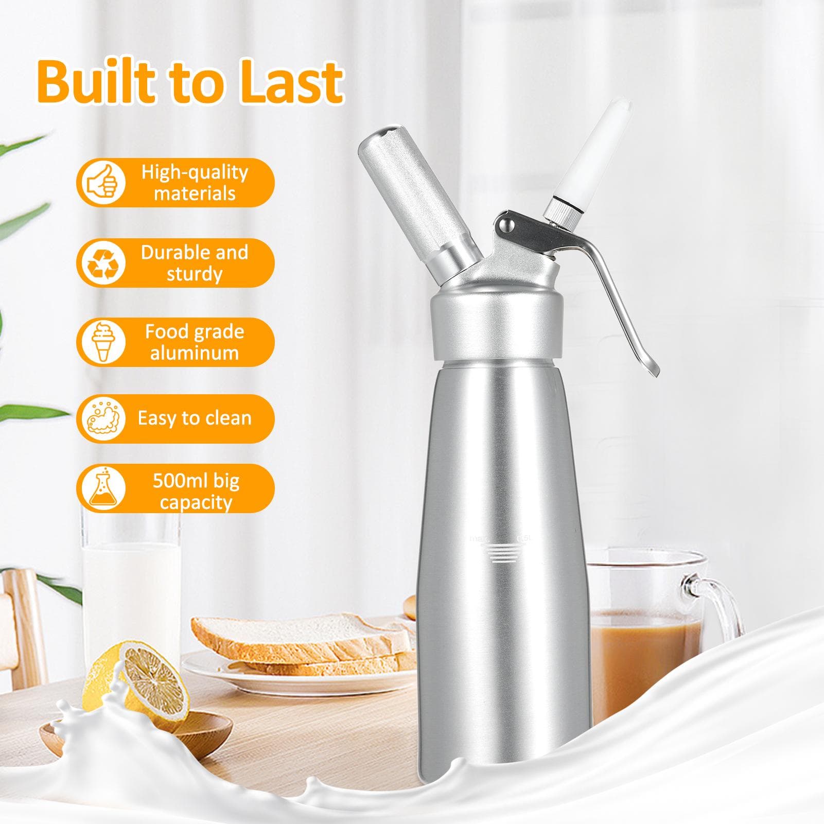 Batidor de crema de aluminio de alta durabilidad de 500 ml, dispensador de crema batida profesional con 3 boquillas diferentes plata