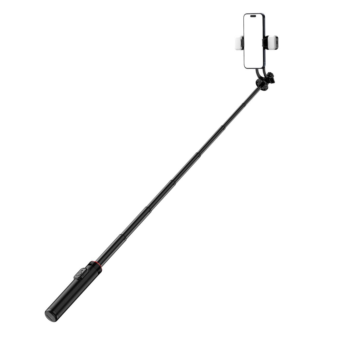 Bastão de selfie telescópico com controle remoto, 2x lâmpada LED, tripé para celular, 13m alumínio, preto