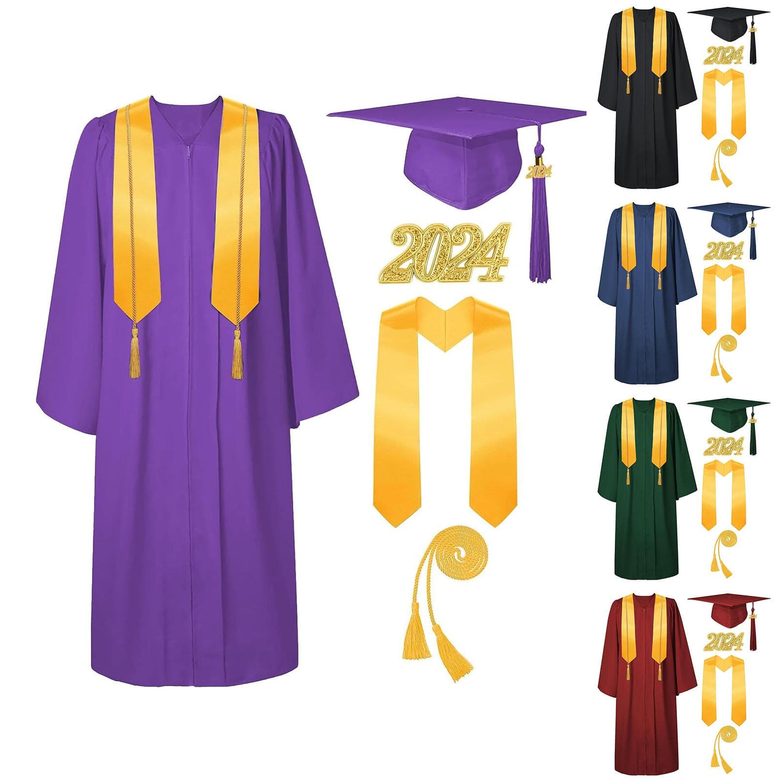 Conjunto de toga y birrete de graduación 2024 con borlas y cordón de honor, estolas de graduación para escuela secundaria, universidad y