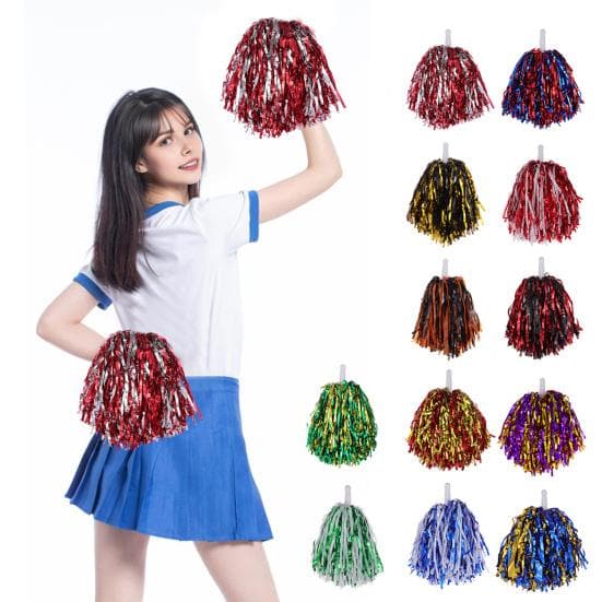 2 pompones de animadora de papel metálico, flores de mano con asa para celebraciones de competiciones deportivas