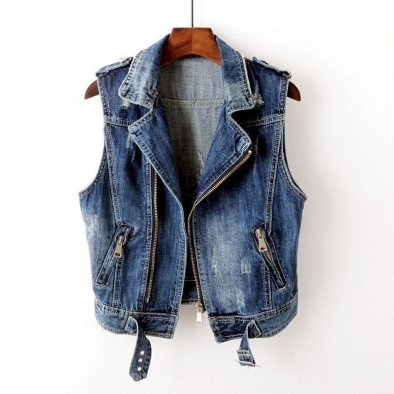 Chaleco de vaquero rasgado para niñas Chaleco de mezclilla Tops sin mangas Chaqueta corta cm azul