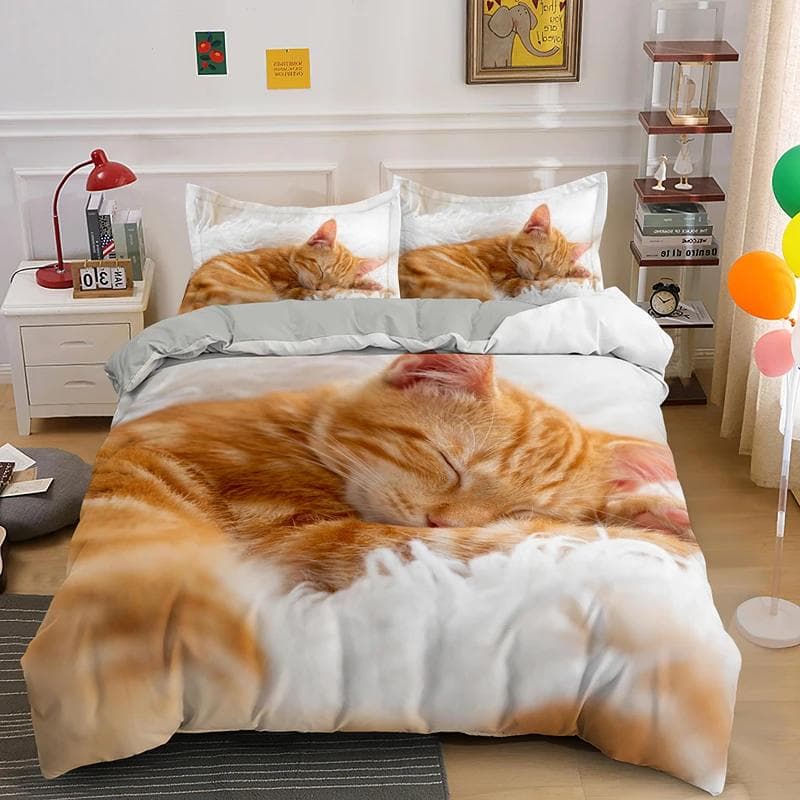 Precioso Juego de Cama para Gato Mascota Estampado de Animales Fundas Individual Doble King Queen Tamaño Funda Nórdica Patrón Kitty Cubierta de