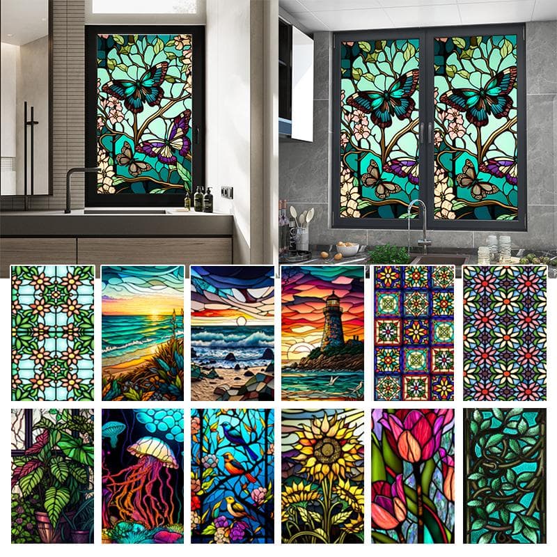 Película para ventana con diseño de pájaros y flores retro de colores, pegatinas electrostáticas de PVC para vidrio, películas para ventanas