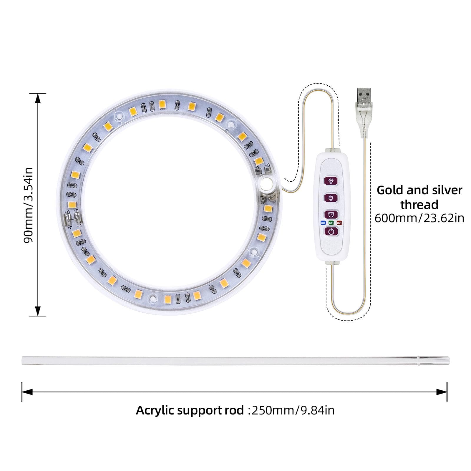 Luces de cultivo para plantas de interior 4 cabezales 6,2 W 301,7 lm 80 LED 4000 K Luz de cultivo alimentada por USB 8 H/12 H/16 H