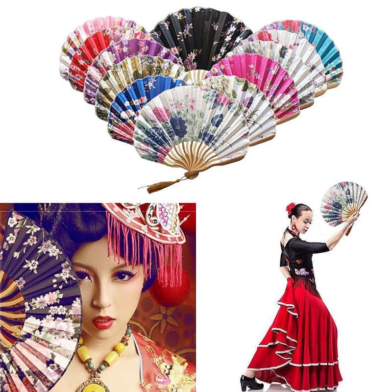 Abanico de mano plegable de bambú para danza, tela de flores de estilo clásico, color Beige, abanico de mano plegable de bambú Vintage para verano,