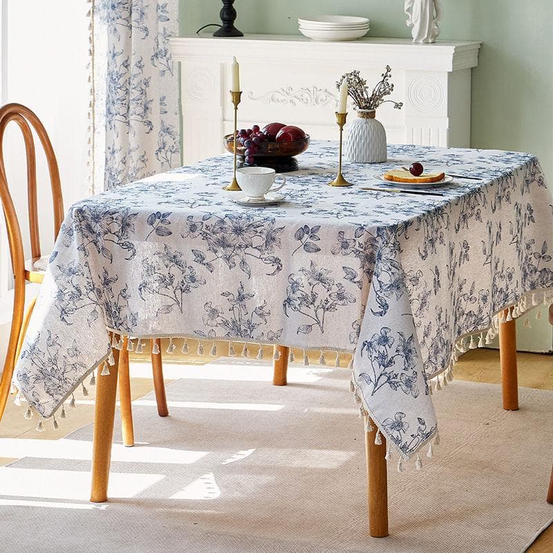 Elegante Mantel Francés Vintage Azul Rosa Floral Mezcla con Borlas Beige - Rectangular, Perfecto para Comedor, Picnics, Fiestas, Bodas