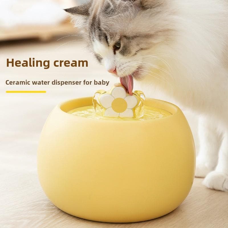 Dispensador de Agua Cerámico para Gatos con Gran Capacidad, Color Crema con Flores, Dispensador de Agua Eléctrico con Circulación para Perros,