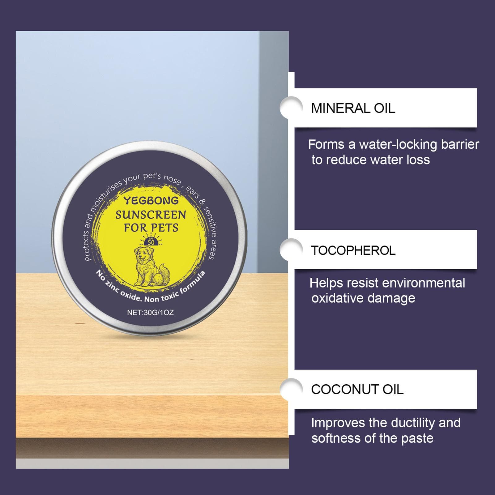 Bálsamo de Protección Solar para Mascotas 30g SPF50 Crema Protectora Solar Bálsamo para Patas de Perro Proteger de los Rayos UV Dañinos