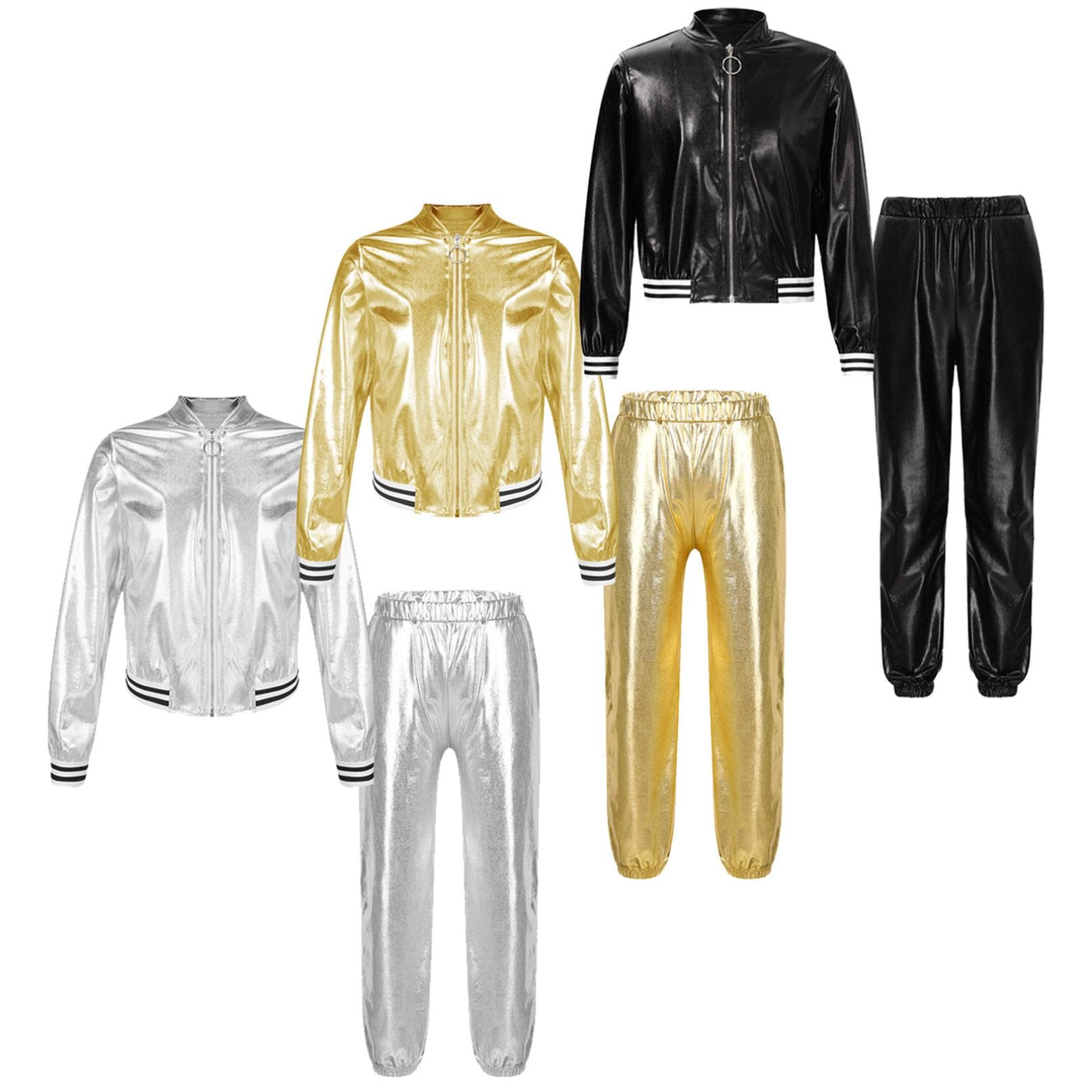 Niños Niños Niñas Jazz Hip Hop Traje de Danza Chaqueta de Cuero Brillante Sudadera con Pantalones de Chándal Conjunto cm negro/púrpura