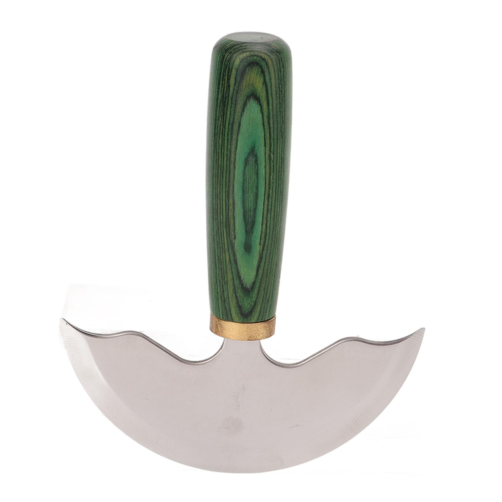 Cuchillo de cuero de cabeza redonda con mango de madera verde semicircular, cuchillo para recortar cuero hecho a mano.