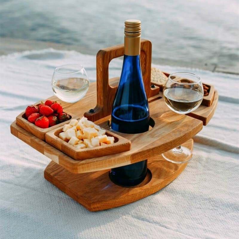 Mesas Mesa de picnic de madera con soporte de vidrio Escritorio plegable redondo Estante para copas de vino