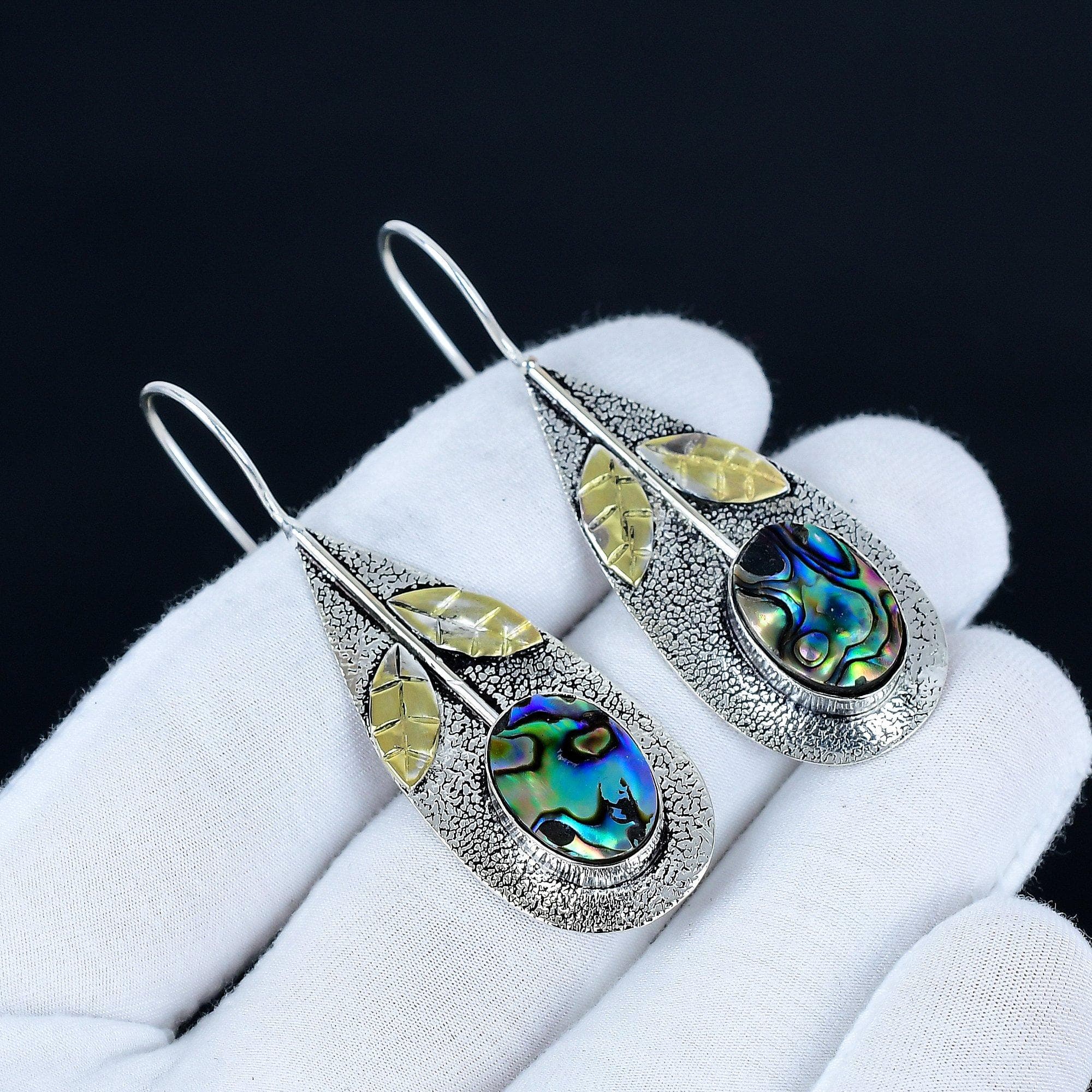 Pendientes de Piedra Preciosa de Concha de Abulón, Pendientes de Plata de Ley 925, Pendientes de Plata Hechos a Mano Para Regalo, Pendientes Largos