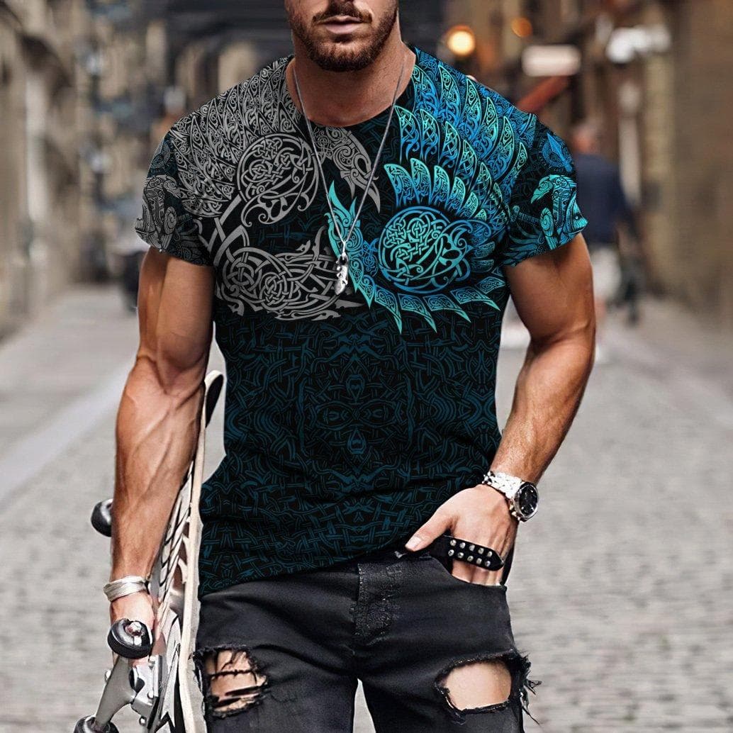 Camisetas de gran tamaño con estampado 3D de símbolo vikingo para hombre, camisetas informales de manga corta con cuello redondo, camisetas urbanas