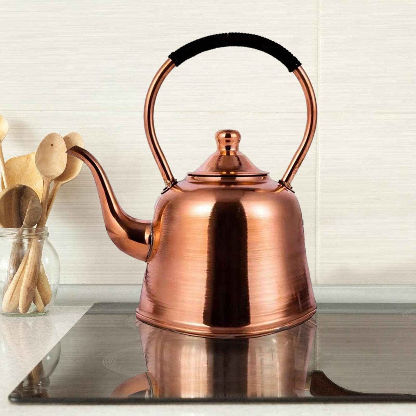 Tetera de Cobre de 2L para Cocina de Inducción y Estufa de Gas Tetera Práctica Hervidor Eficiente con Asa Envainada