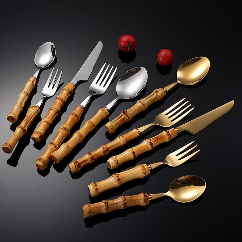 Juego de Cubiertos Retro de Acero Inoxidable 304 con Mango de Bambú - Cuchillo, Tenedor y Cuchara