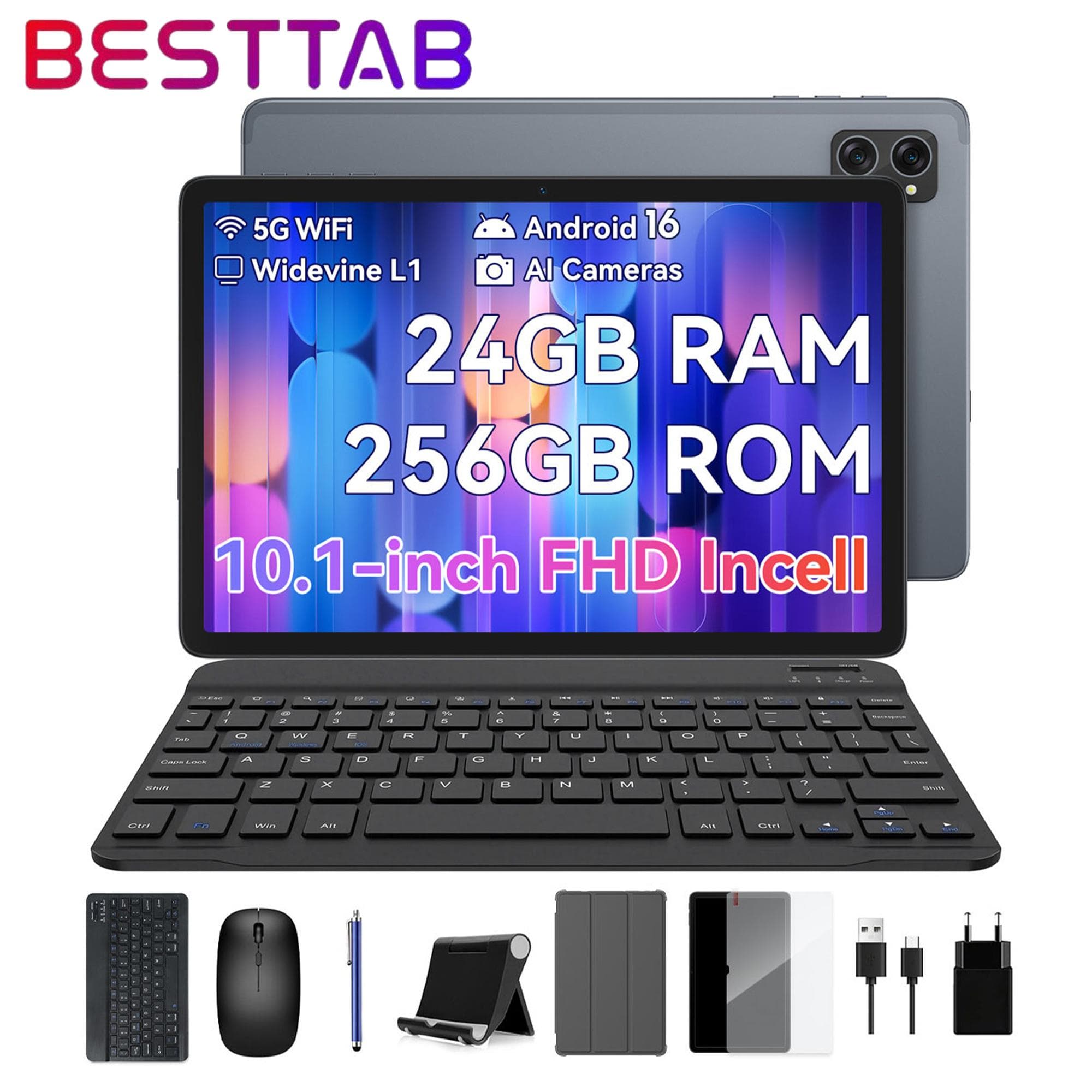 BESTTAB T20 Android 16 24GB RAM 256GB ROM Tablet 10 Pulgadas 1280x 800 FHD Pantalla FHD Octa Core T606 PC Tablet con Teclado gris