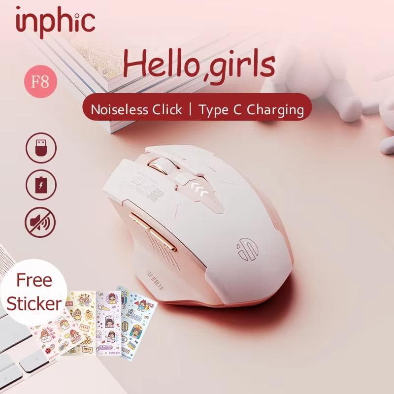 Inphic F8 Ratón Inalámbrico 2.4GHz Recargable Clics Silenciosos 2400dpi Ratones Ópticos para Ordenador Portátil PC Carga Rápida tipo C color rosa