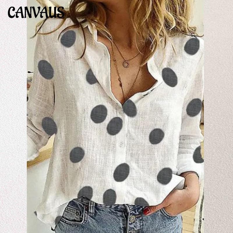 Camiseta de mujer Tops Camisas de lino de manga larga informales con estampado de lunares para mujer Blusa cm