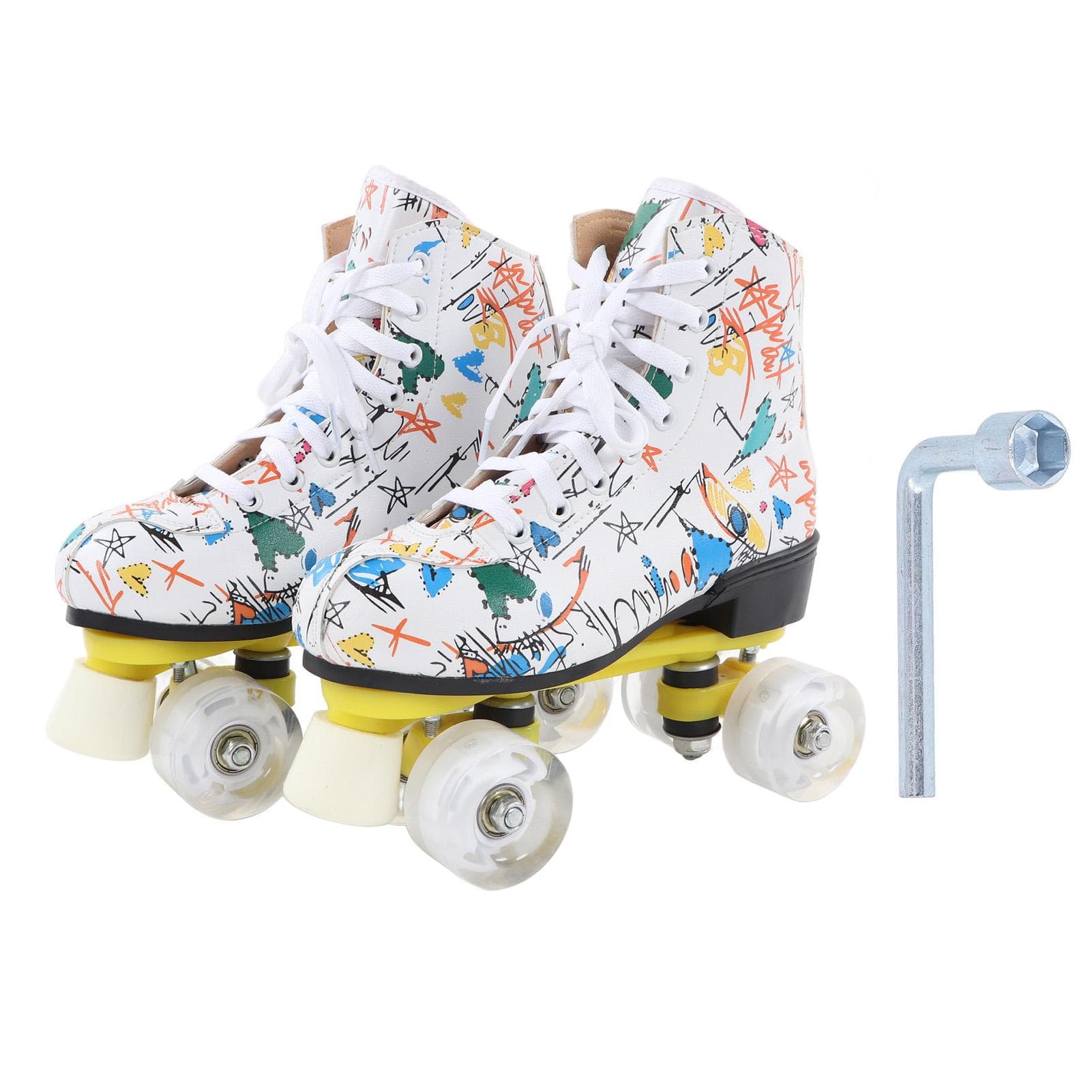 Patines de cuatro ruedas de doble fila, blancos, con grafiti, para niños y adultos, talla 38