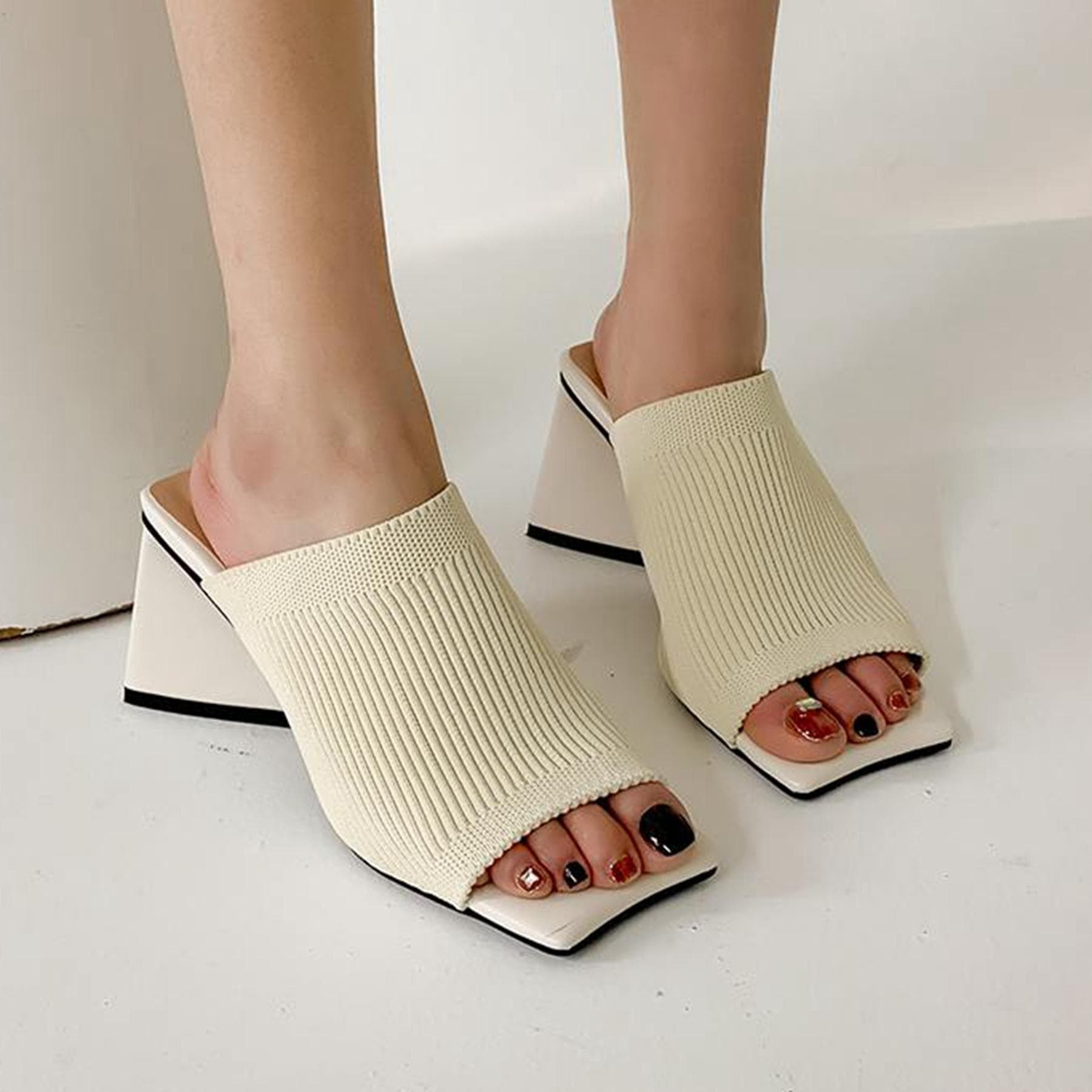 Krazing Pot Tejidos Peep Toe Tacones Altos Gruesos Zapatos de Verano Mules Moda Moderna Fiesta Sandalias para Mujer cm beige