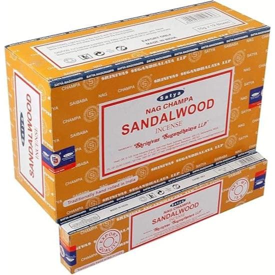 Satya Incienso Agarbatti de sándalo Nag Champa (caja de 180 gramos) | 12 paquetes de 15 gramos cada uno | Calidad de exportación marrón