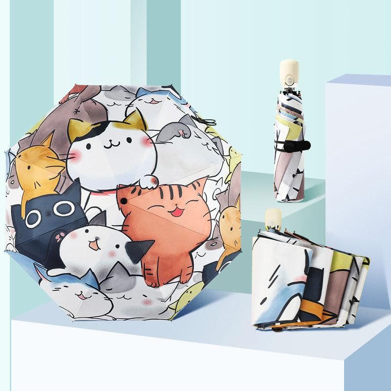 Paraguas Automático para Mujer Paraguas de Viaje Plegable Automático de Dibujos Animados Garra de Gato Revestimiento Negro Protección Solar