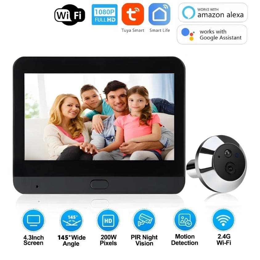Mirilla digital para puerta con WIFI 2,4G, 1080P, inteligente, Tuya, 4,3 pulgadas, timbre inalámbrico, cámara de seguridad con ojo de cerradura