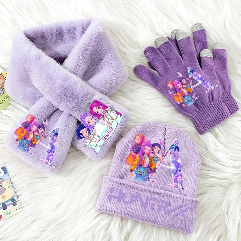 Set de 3 piezas KPop Cazadores de Demonios para niños Gorro de punto Guantes Bufanda Lindo para niñas Accesorios de invierno Gorro de punto Bufandas