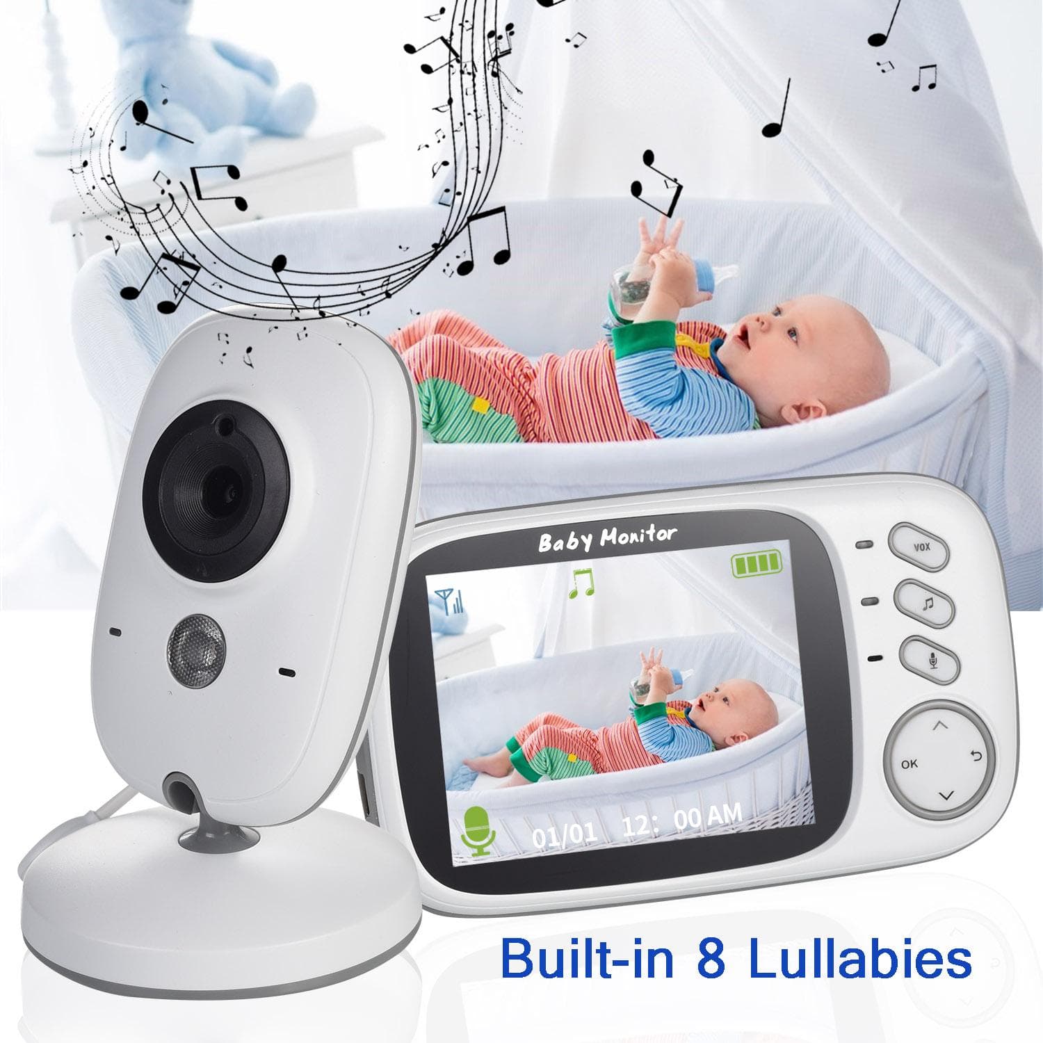 Monitor inalámbrico para bebé VB603, pantalla LCD de 3,2 pulgadas, visión nocturna IR, conversación bidireccional, 8 canciones de cuna, monitor de