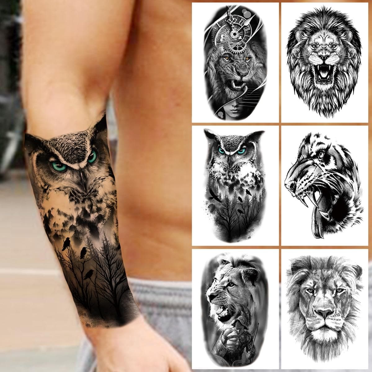 Tatuaje temporal de bosque de búho para hombres, mujeres, niños, niños, León, tatuajes de monstruo falso, pegatina, brújula, tatuajes de