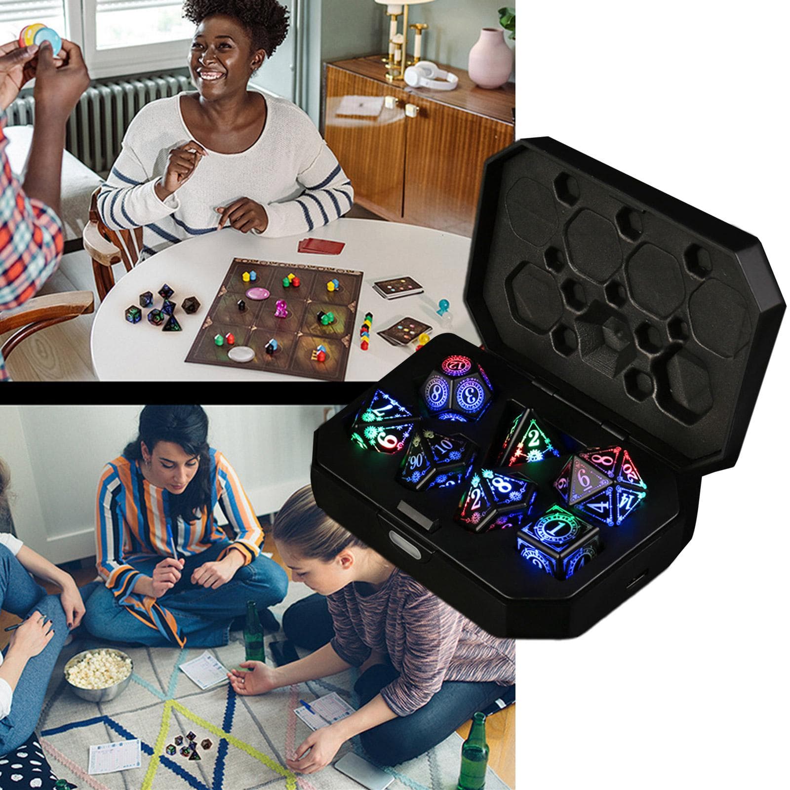7 dados electrónicos LED recargables con caja de carga, dados poliédricos brillantes, dados para juegos de rol y mesa