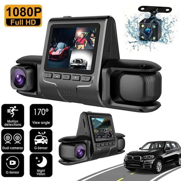 Cámara de tablero DVR para automóvil de 2 pulgadas con 3 lentes, cámara frontal y trasera para tablero interior de 1080P, ángulo amplio de 170°,