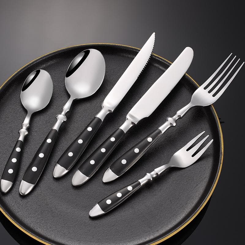 Juego de Cubiertos de Acero Inoxidable 430 Occidental Negro Vajilla de Servicio Completo Mango Remachado Cuchara para Servir Cuchillo Tenedor Cucharil