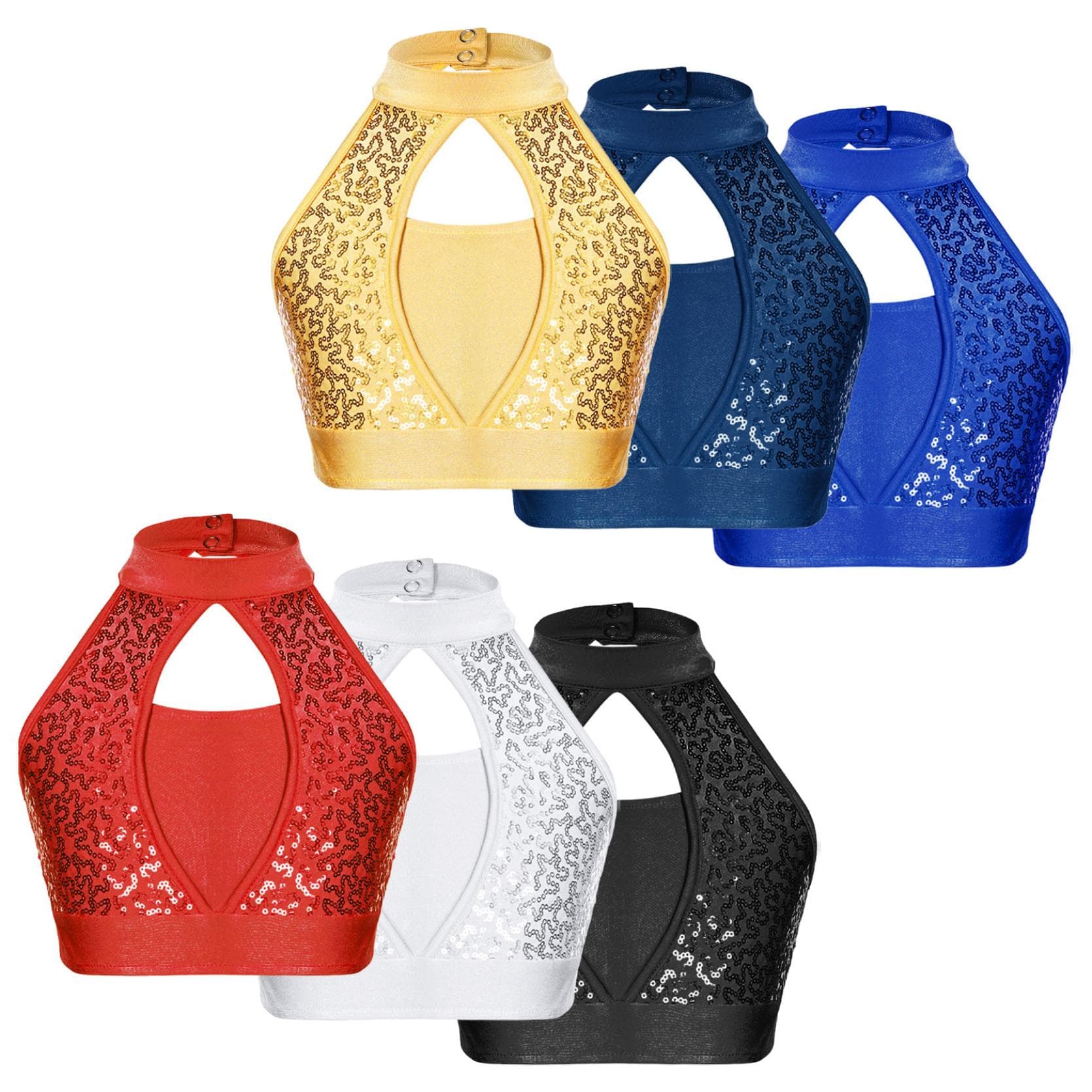 Top corto estilo retales de lentejuelas brillantes sin mangas para niñas, disfraz de danza gimnástica cm blanco