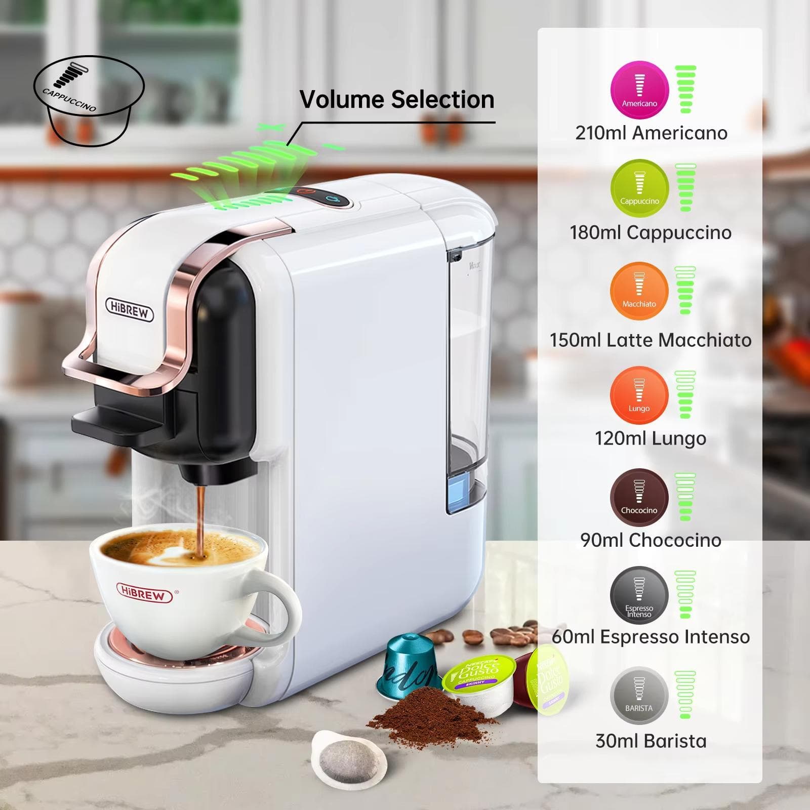 Máquina de Café Multicápsula, Caliente/Frío Dolce Gusto Cápsula Nespresso ESE Monodosis Café Molido Cafetería 20Bar 5 en 1,H2B blanco