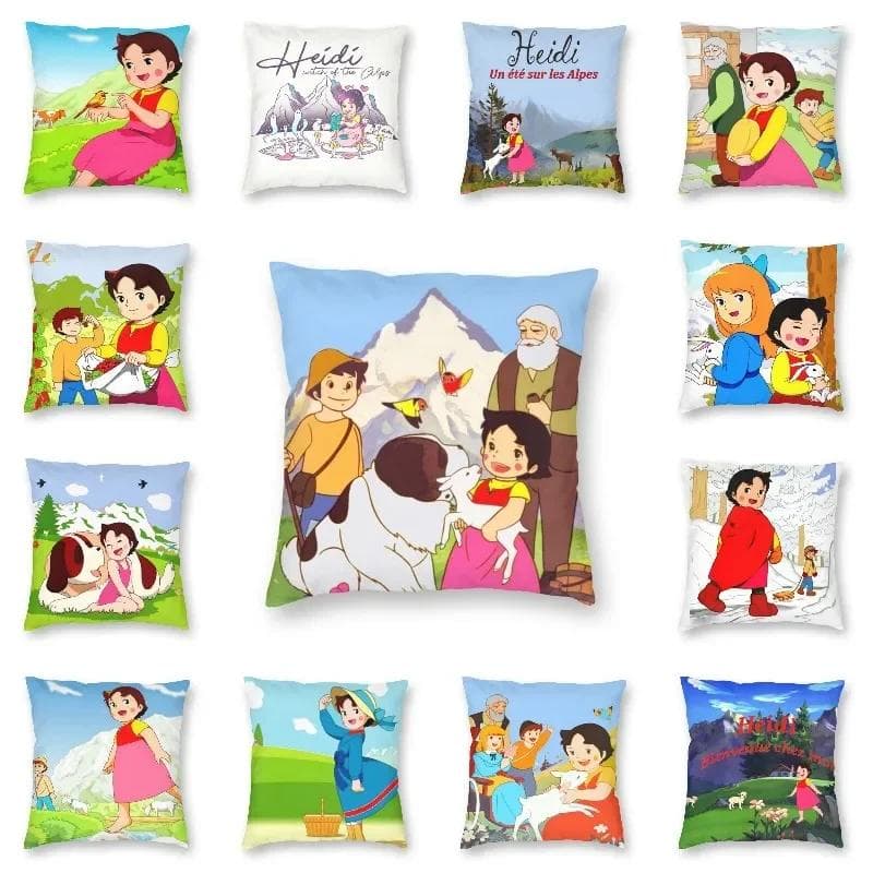 Heidi Peter Y Abuelo Alpes Cabra Montaña Funda de Cojín 40x40 Decoración del Hogar Dibujos Animados Película Cojín para Sala de Estar Doble Cara