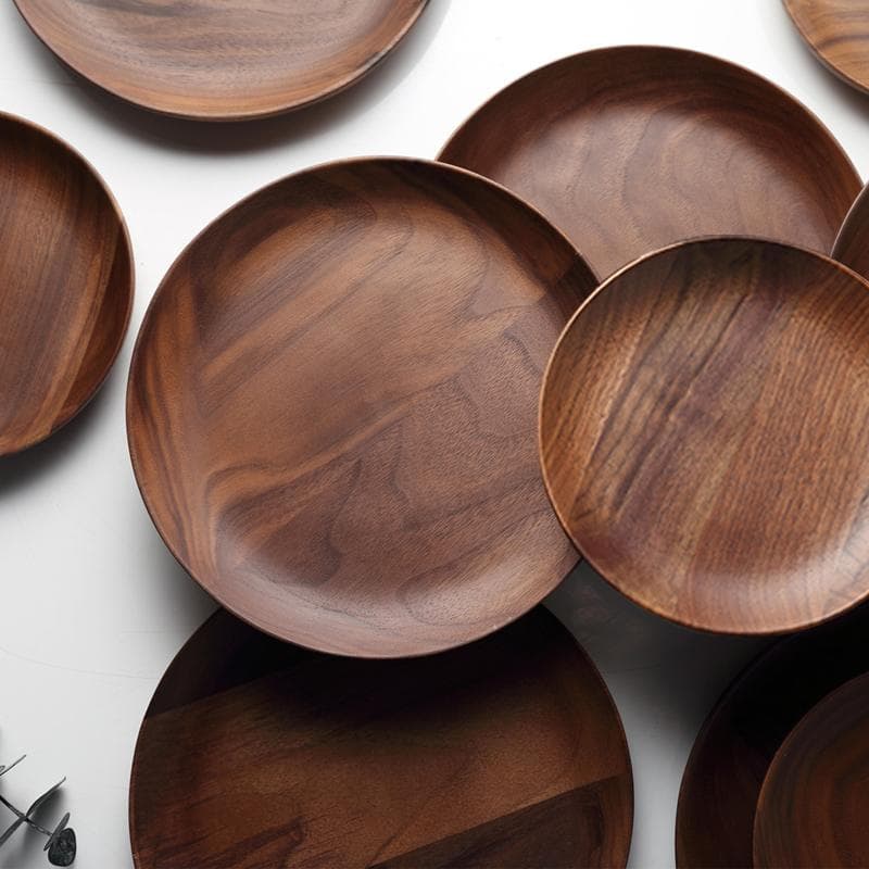 Diámetro 15cm 20cm Plato de Madera Premium Madera de Nogal Negro Vajilla Redonda Bandeja para Pastel Snack Postre Plato para Servir Utensilios de